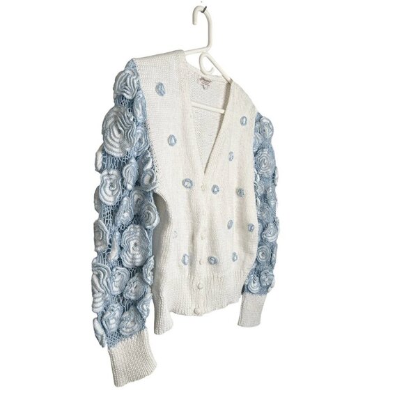 VTG Cardigan Sweater Large Blue White 3D Flowers Cottagecore Lolita Kawaii Indie - Picture 4 of 13